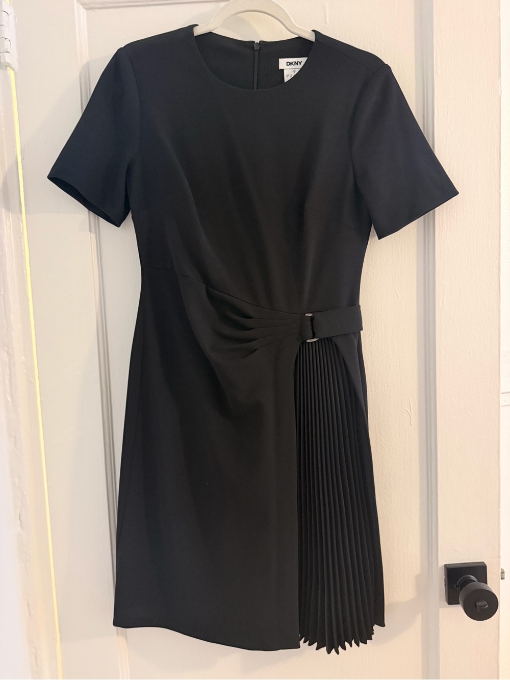 DKNY Black Short-Sleeve Mini Dress with Pleated Side Panel